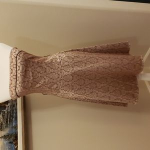 Strapless size 5 A-line dress. Silver and tan damask fabric